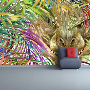 Dinosaurier Retro traditionelle Paste und Kleber oder entfernbares Wandbild | Wallpaper Dinosaurier Illustration. Tropischer exotischer Wald,,,,..