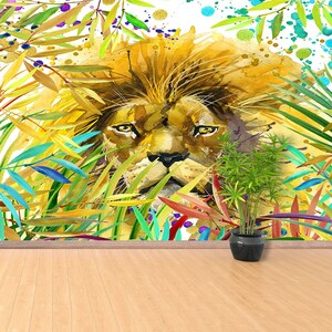 Lion Retro temporary or traditional photo wall mural | wallpaper Lion illustration. Tropical exotic forest, green leaves, wildlife, lion,.
