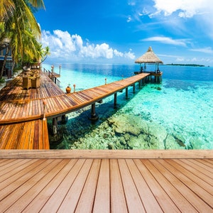 Tropical paradise temporary or traditional wall mural | wallpaper Tropical paradise landscape in Maldives  self adhesive photomural wall