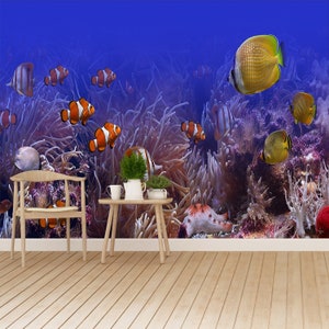 Tropical fish reusable or traditional photo mural | wallpaper Tropical fish  wall decor wallmural wall art wallpaper photomural self