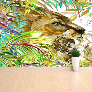 Lion Retro Peel & Stick oder Vlies Wandbild | Tapete Löwen-Illustration. Tropischer exotischer Wald, grüne Blätter, wild lebende Tiere, Löwe,.