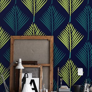 Palm Leaf Vibrant 61  - REMOVABLE WALLPAPER - Light Green and Navy Blue, Foliage, Wallcovering, Self-Adhesive Fabric, Eco-Friendly, Retro