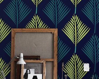 Hoja de palma vibrante 61 - PAPEL TAPIZ DESMONTABLE - Verde claro y azul marino, Follaje, Revestimiento de paredes, Tejido autoadhesivo, Ecológico, Retro