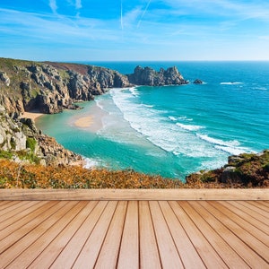 Carta da parati fotografica con colla e staccabile lungo la costa della Cornovaglia o con colla classica. Spiaggia di Pedn Vounder vicino a Porthcurno, Cornovaglia. arte della parete con foto