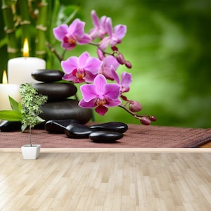 Basalt stones Bamboo temporary or traditional photo mural | wallpaper zen basalt stones and bamboo on the wood  nonwoven reusable temporary