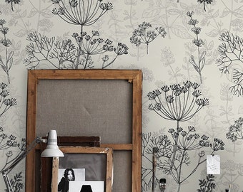 Herbal Pattern 280  - REMOVABLE WALLPAPER - Beige and Black, Retro, Feature Wall, Home Decoration, High Art, Botanical
