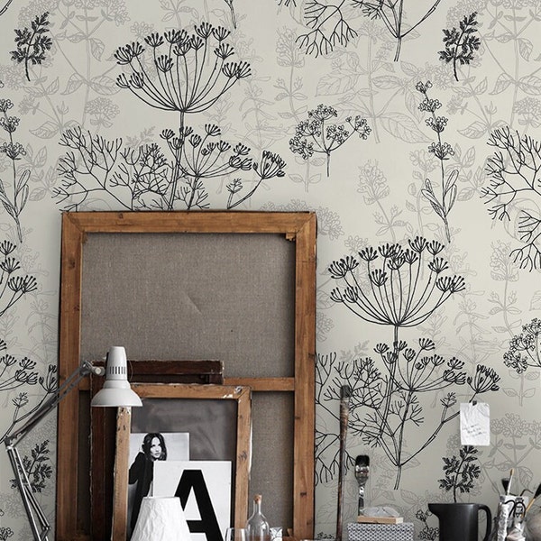 Herbal Pattern 280  - REMOVABLE WALLPAPER - Beige and Black, Retro, Feature Wall, Home Decoration, High Art, Botanical