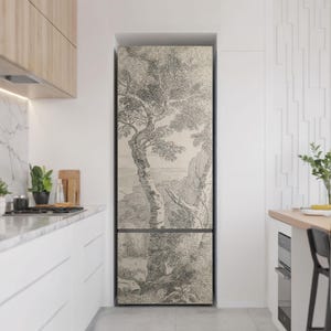 Archaic Tree Sketch Refrigerator Sticker, Beige Refrigerator Decal, Dining-Room Decoration, Removable Sticker