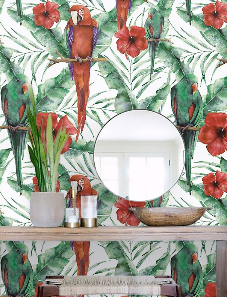 Exotic Parrots 127 - REMOVABLE WALLPAPER - Green and Red, Birds, Wallcovering, Self-Adhesive Fabric, Eco-Friendly, Tropical