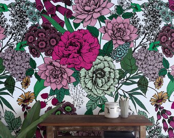 Removable Wallpaper, Retro Flowers, Rose Mural, Removable Wallpaper, Self Adhesive,  Roses Wallpaper, Wall  Traditional,  135R