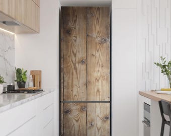 May include: A refrigerator with a wooden door panel, featuring a natural wood grain pattern. The door is divided into two sections, with the upper section being larger than the lower. The wood has a warm, brown tone, and the refrigerator is set in a modern kitchen.