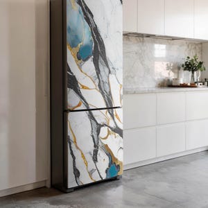 Elegant Marble Pattern Fridge Door Cover, White Refrigerator Sticker, Kitchen Decor, Fridge Decor
