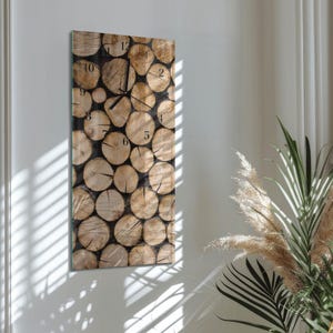 Könnte beinhalten: Eine rechteckige Wanduhr mit Holzmaserung. Das Zifferblatt zeigt ein Muster aus gestapelten Holzscheiten mit schwarzen Zeigern und schwarzen Ziffern, die die Stunden markieren. Die Uhr ist an einer weißen Wand befestigt.