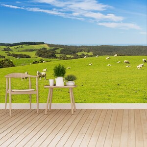 May include: A wooden chair and table set against a backdrop of a green grassy field with a herd of sheep grazing under a blue sky with white clouds.