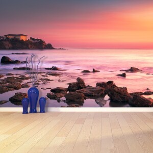 Castiglioncello repositionable mural | wallpaper Castiglioncello travel destination, old building on the rocks and sea on sunset. Tuscany,,.