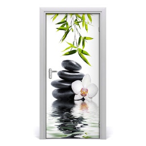 Adesivo 3D per porte artistiche senza bolle Fiori Orchidea e pietre DS_1859