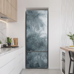 Tropical Palm Trees In The Fog Refrigerator Decal, Gray Fridge Wrap Sticker, Kitchen Stickers, Dining-Room Decoration