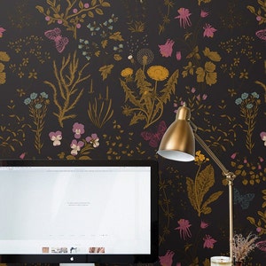Dark Field Flowers 239  - REMOVABLE WALLPAPER - Gold and Onyx, Botanical, Temporary Wallpaper, For Renters, Premium, Retro