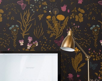 Dark Field Flowers 239  - REMOVABLE WALLPAPER - Gold and Onyx, Botanical, Temporary Wallpaper, For Renters, Premium, Retro