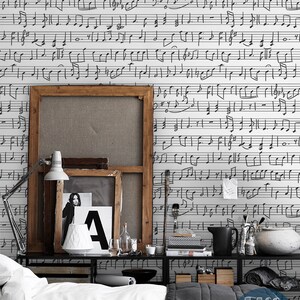 Notes 59  - REMOVABLE WALLPAPER - Jet Black and Ivory, Music, Feature Wall, Home Decoration, High Art, Nursery