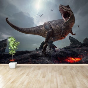 Carta da parati fotografica rimovibile o tradizionale raffigurante dinosauri, rendering 3D del re dei dinosauri, il Tyrannosaurus Rex, in uno stile duro.