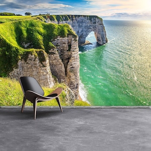 Scogliere Normandia tradizionale o rimozione carta da parati / murale Spettacolari scogliere naturali Aval di Etretat e bellissima costa famosa,,,