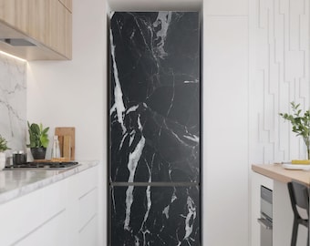 Elegant Marble Pattern Fridge Wrap Sticker, Black Refrigerator Wrap, Patterned Stickers, Kitchen Decor