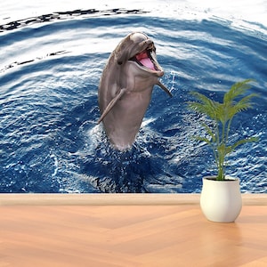 Dolphin repositionable photo mural | wallpaper dolphin  nature wall covering reusable repositonable wallmural design photo peel and stick