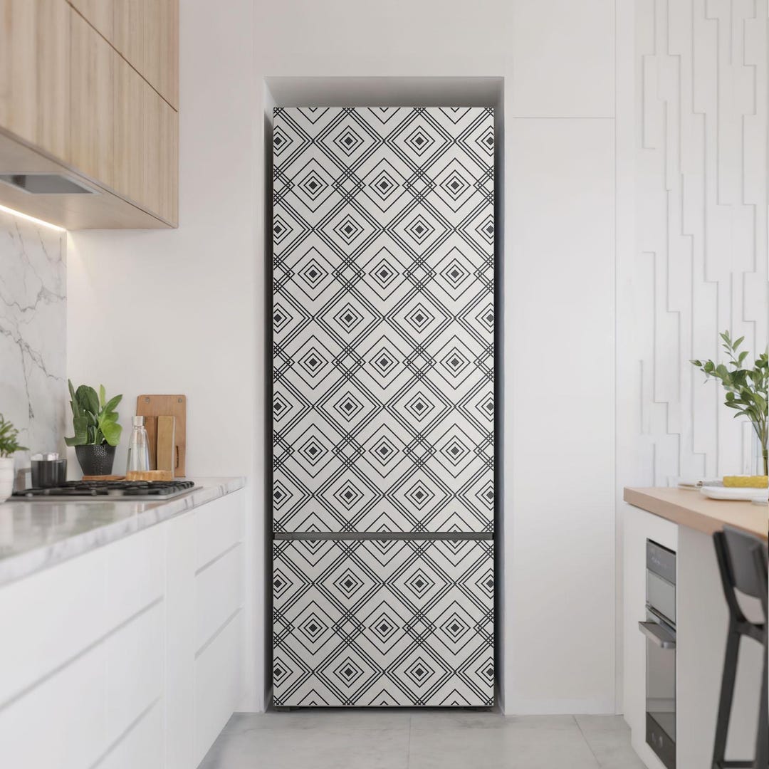 Stickers Adhésifs Pour Frigo - Motif Triangles Noirs Moderne - Couvre Porte Entièrement - Déco Cuisine