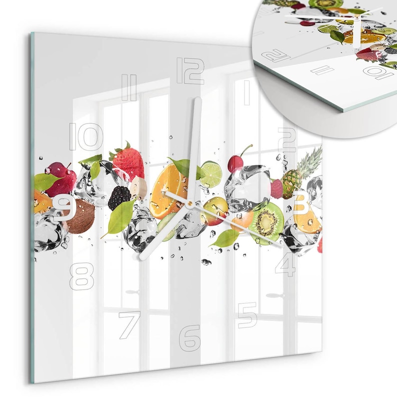 Square Water Clock Fruit and Water Square Wall Clock, Multicolored Custom Glass Wall Clock ...