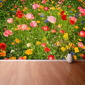 Prato di fiori Fotomurale / carta da parati staccabile o incollabile con colla classica Prato di fiori con design temporaneo di diversi tipi di fiori