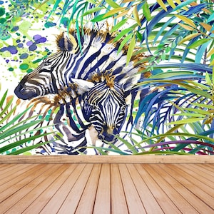 Zebra Retro traditionelles oder Entfernungsfotowandbild | Wallpaper Tropisch, Wald, Zebra-Familie, grüne Blätter, Wildtiere, Aquarell..