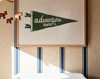 Adventure Awaits Flag Art Print, Poster for boys nursery, playroom or bedroom wall, Rustic camping themed design, hand drawn pennant flag