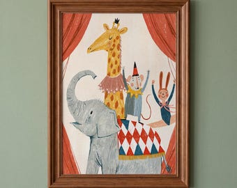 May include: A framed illustration featuring a circus scene with a grey elephant, a yellow giraffe, a mouse in a party hat, and a rabbit. The animals are positioned in front of red curtains, with the elephant wearing a red and blue diamond patterned blanket.