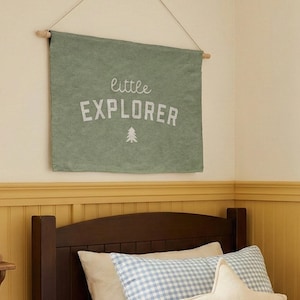 Little Explorer Cotton Tapestry | Camp Themed Woven Nursery & Boys Room Wall Decor | Nature-Inspired Woodland Hanging