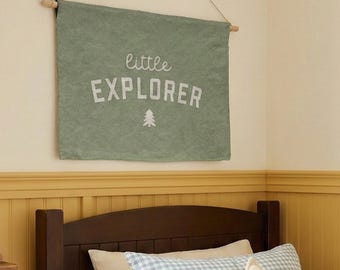 Little Explorer Cotton Tapestry | Camp Themed Woven Nursery & Boys Room Wall Decor | Nature-Inspired Woodland Hanging