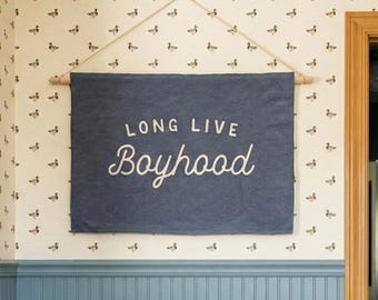 Long Live Boyhood Nursery Tapestry - Handmade Loom Woven Wall Decor for Boys' Room or Playroom