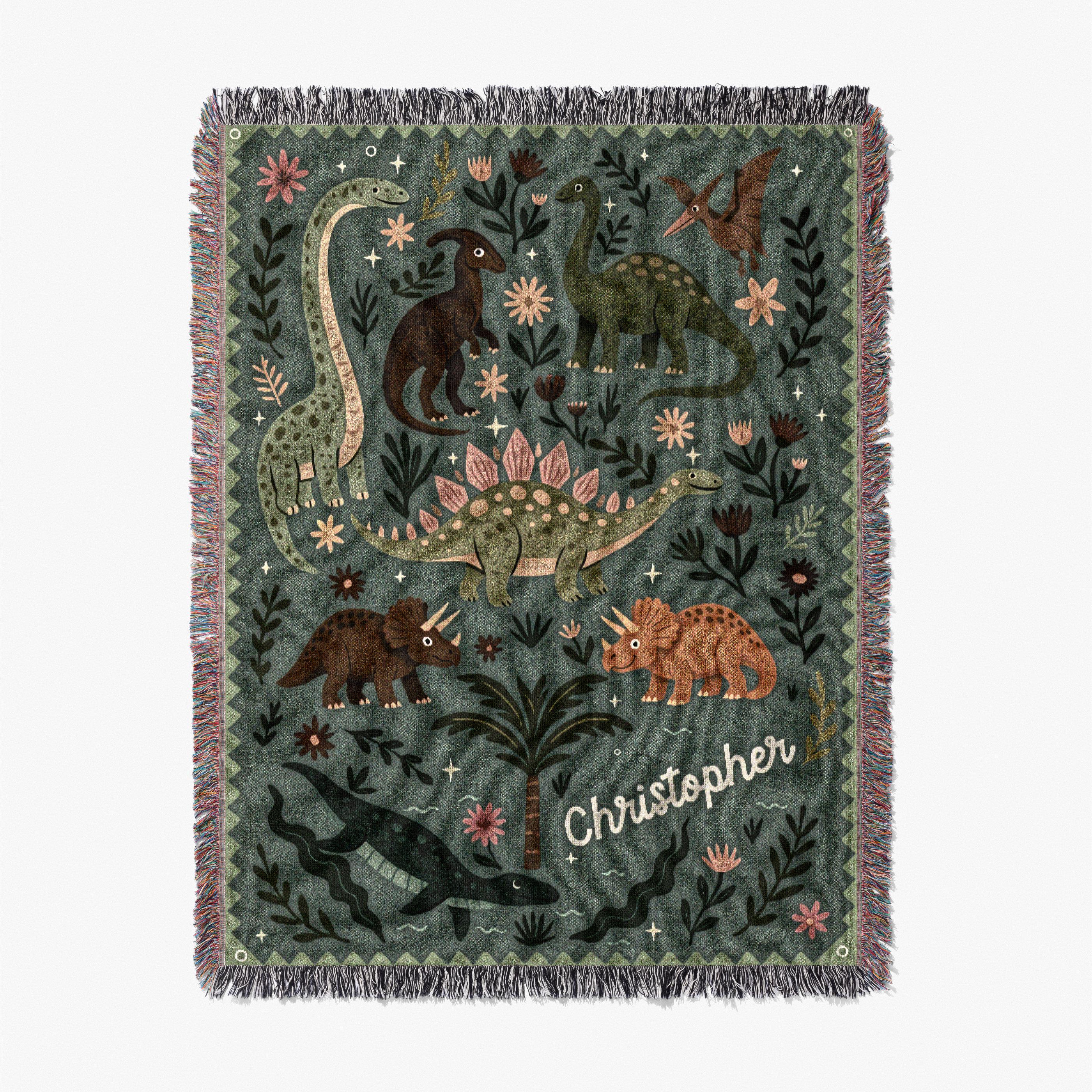 Personalized Dinosaur Blanket - Cute Triceratops Stegosaurus with Name - 100% cotton throw for dino themed room