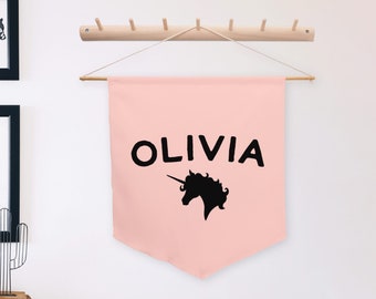 Custom Unicorn Name Banner | Custom Name Canvas Flag | Custom Wall Hanging | Wall Decor Art - Girl Girly Room Decor - Birthday, First Baby