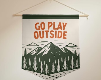 Go Play Outside Banner – Adventure Nursery Wall Decor for Kids Room, Rustic Cabin Style Pennant Flag