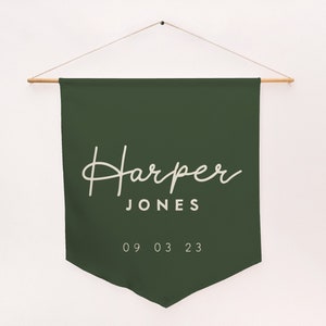 Custom Name & Date Banner | Custom Pennant | Personalized Name Wall Banner | Baby Room Decor | Kids Room Decor | Custom Name Canvas Flag