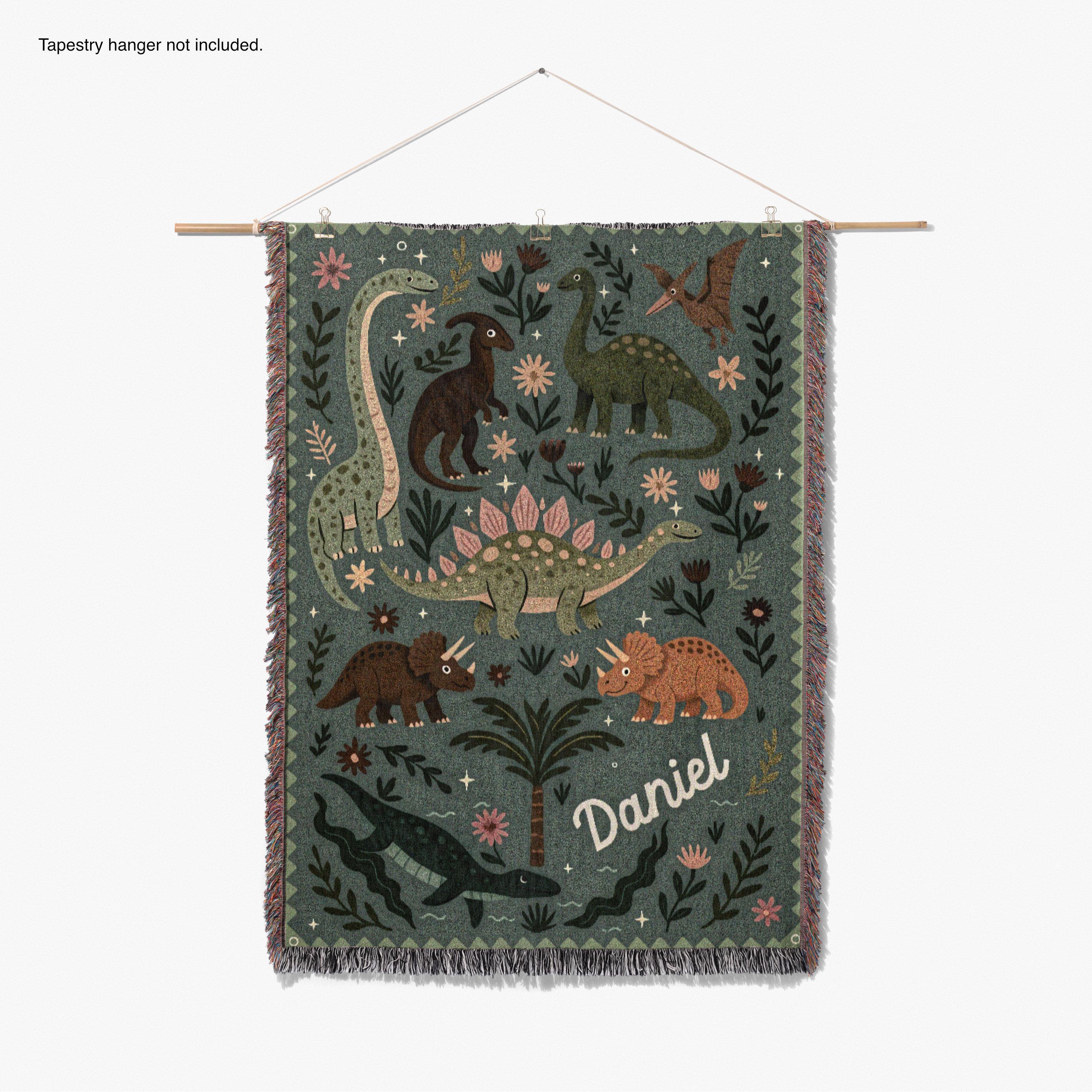 Personalized Dinosaur Blanket - Cute Triceratops Stegosaurus with Name - 100% cotton throw for dino themed room