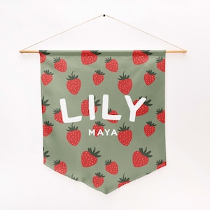 Custom Name Banner with Strawberry Pattern, Wall decor for your kids bedroom or nursery, new baby gift