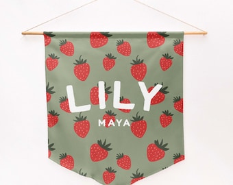 Custom Name Banner with Strawberry Pattern, Wall decor for your kids bedroom or nursery, new baby gift