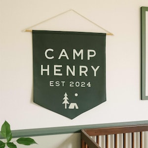 Custom Camp Banner, Camp Themed Party Decor, Personalized Name Baby or Kids Room Wall Flag