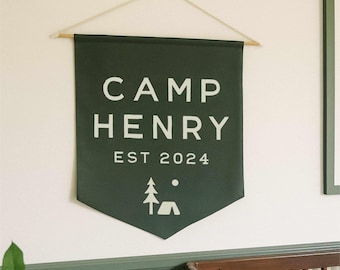 Custom Camp Banner, Camp Themed Party Decor, Personalized Name Baby or Kids Room Wall Flag
