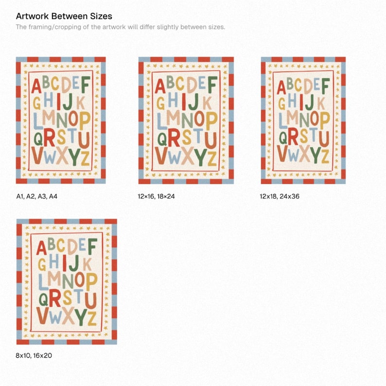 May include: Artwork prints featuring the alphabet in colorful letters. Each print has a cream background with a red and blue border. The text "Artwork Between Sizes" is at the top, with size options listed below.