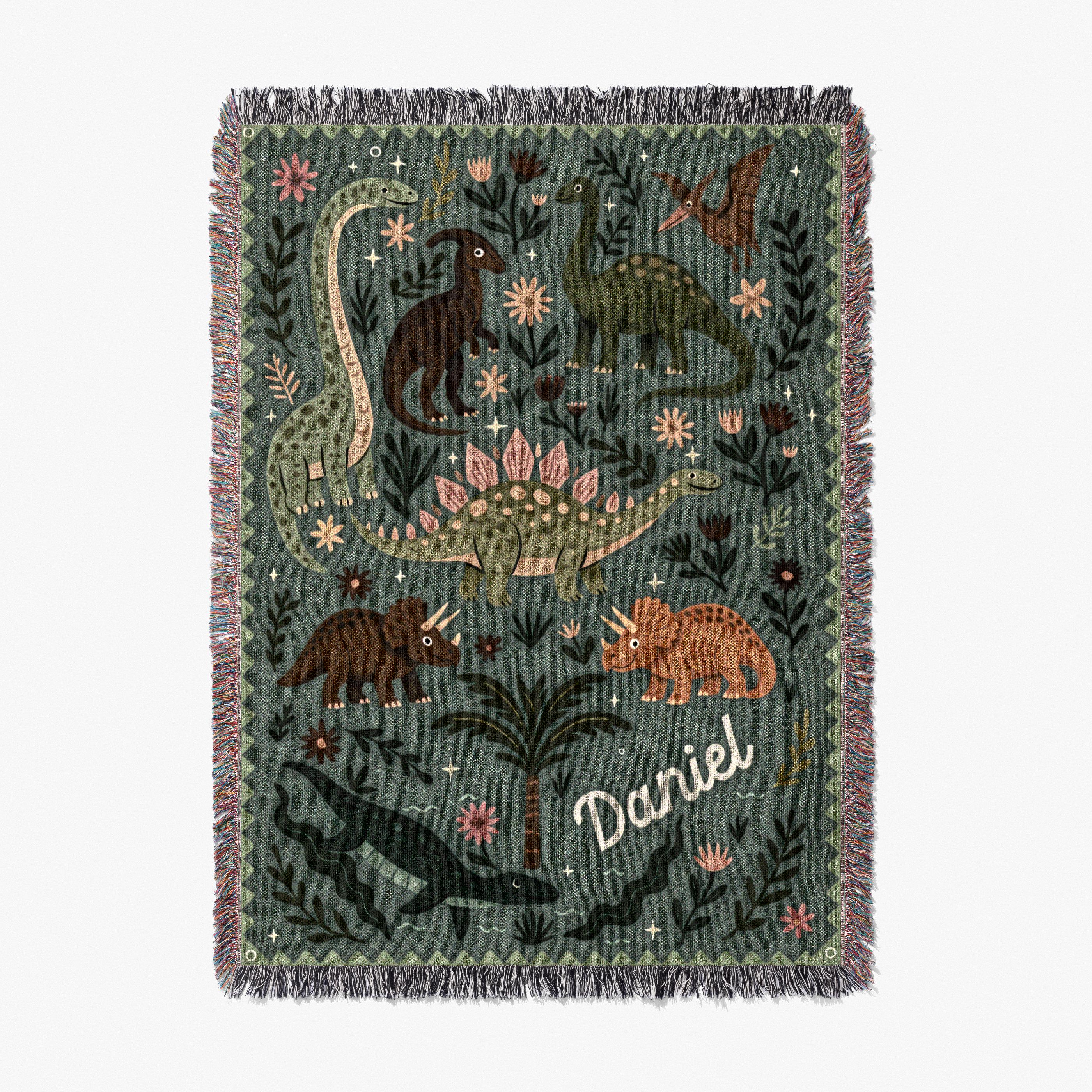 Personalized Dinosaur Blanket - Cute Triceratops Stegosaurus with Name - 100% cotton throw for dino themed room