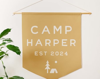 Camp Name Banner for Camping Themed Decor, Kids or Nursery Room, Girl Camping Wall Art