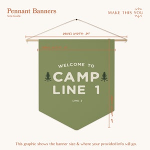 Peut inclure: Une banni&egrave;re en tissu vert olive suspendue &agrave; une tige en bois. Le texte indique "WELCOME TO CAMP LINE 1" et "LINE 2" avec des ic&ocirc;nes de sapins. Un guide des tailles indique une largeur de tige de 61 cm, une largeur de tissu de 46 cm et une hauteur de 53 cm.